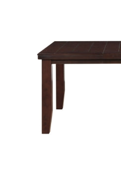 Dark brown wooden dining table with slatted top and tapered legs