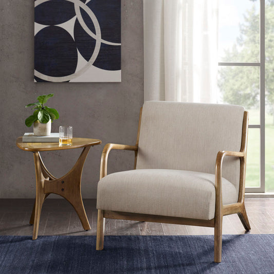 TREATLIFE HOME Mid-Century Modern Lounge Chair with Upholstered Seat and Elm Wood Frame, Cream