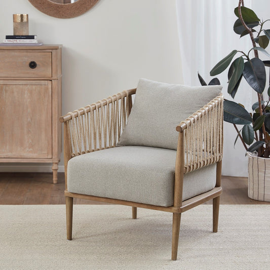 TREATLIFE HOME Accent Arm Chair with Open Weave Jute Twine Design, Upholstered Seat Cushion, Ideal for Modern Living Room, Natural Wood Finish