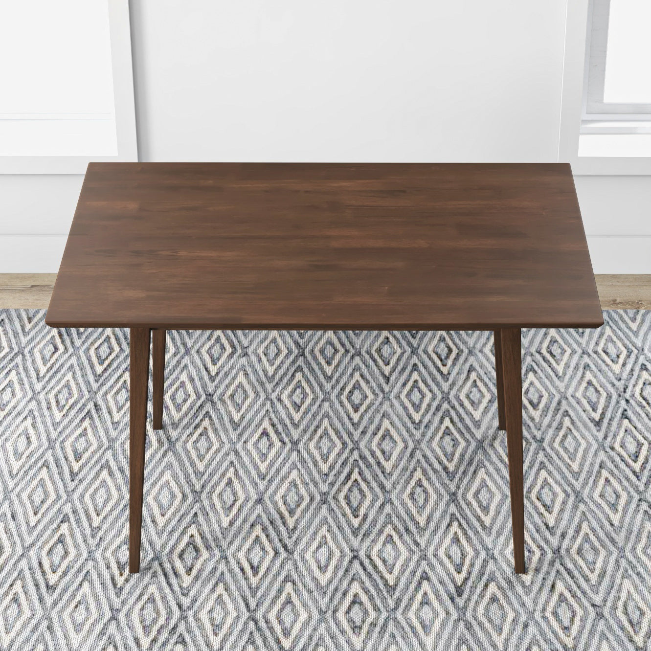 Dark brown wood dining table with tapered legs