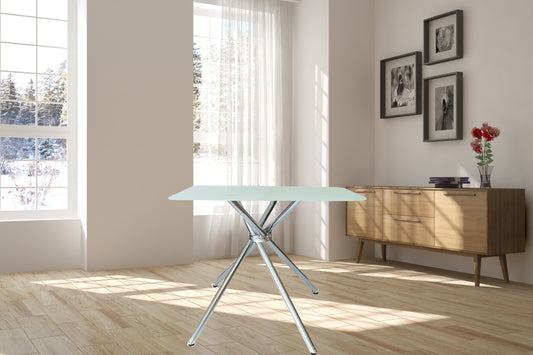 Glass top dining table with chrome Xleg base