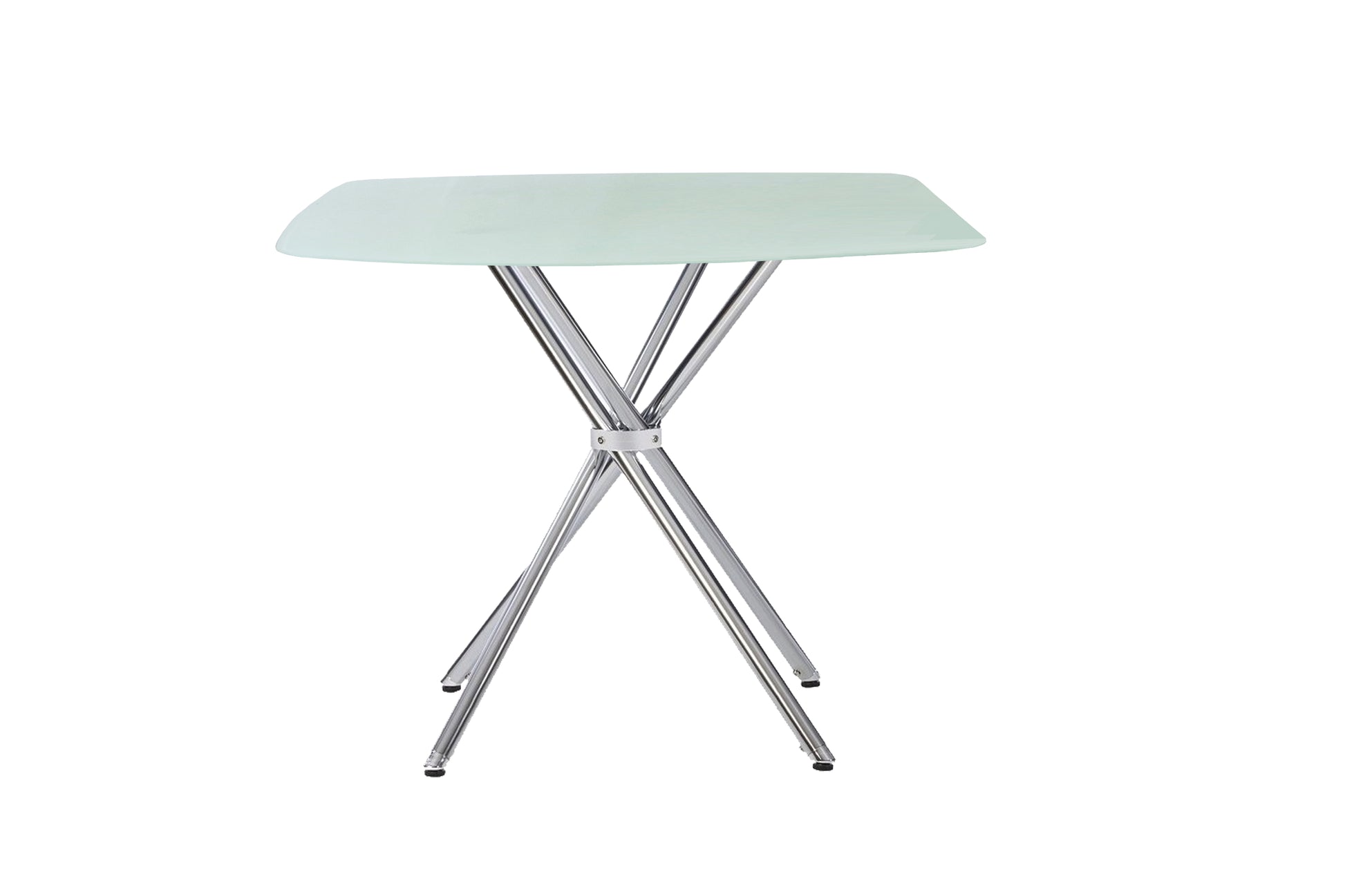 Mint glass top accent table with chrome crisscross legs