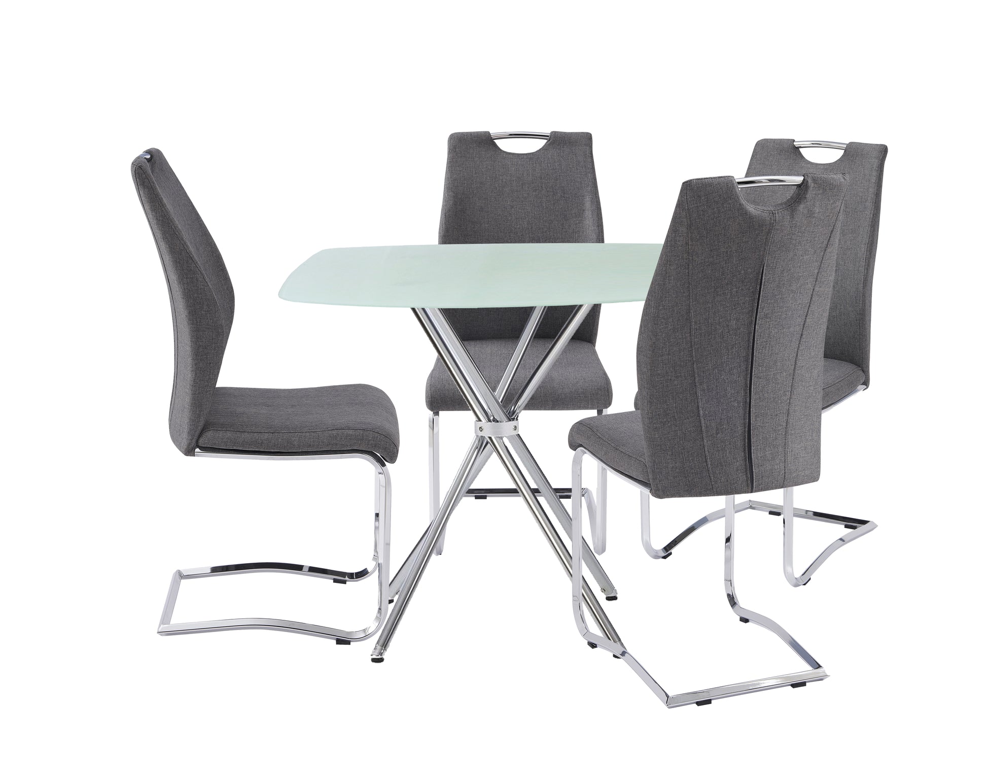 Modern dining set with grey upholstered chairs and frosted glass tabletop
