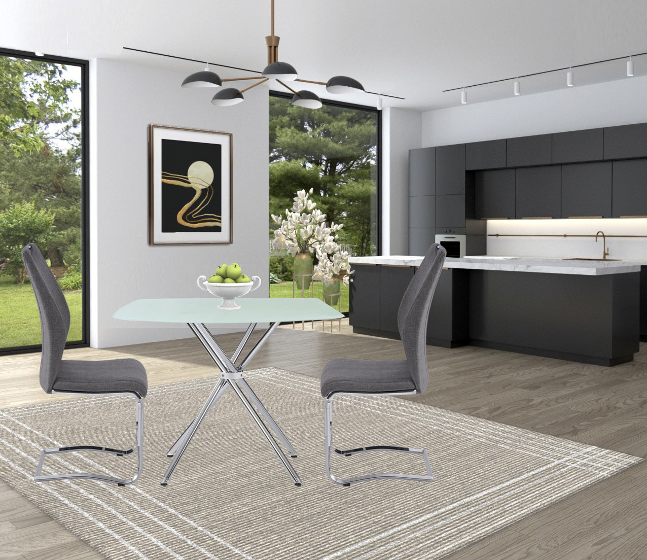 Gray upholstered dining chairs with chrome sled base