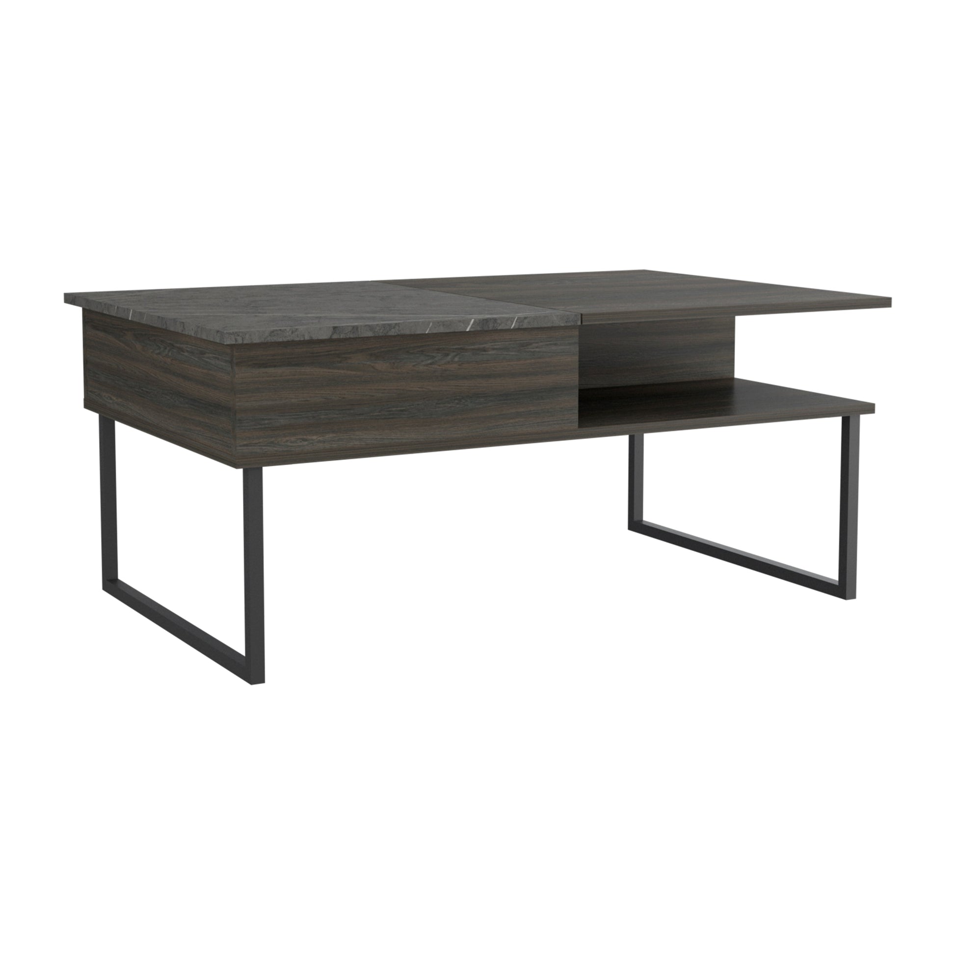 Modern lifttop coffee table with dark wood finish and stoneeffect top