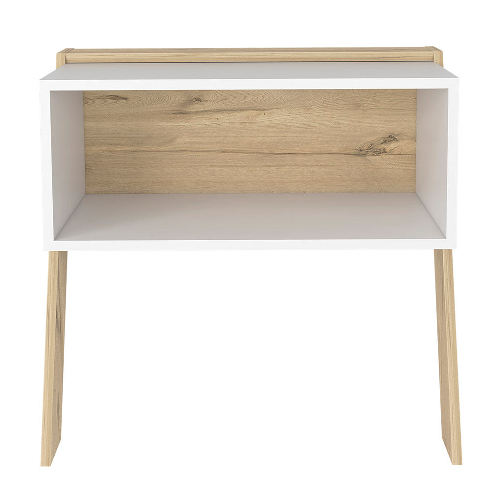 White and natural wood accent nightstand with tapered legs and open shelf