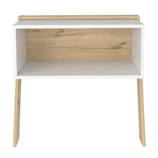 White and natural wood accent nightstand with tapered legs and open shelf