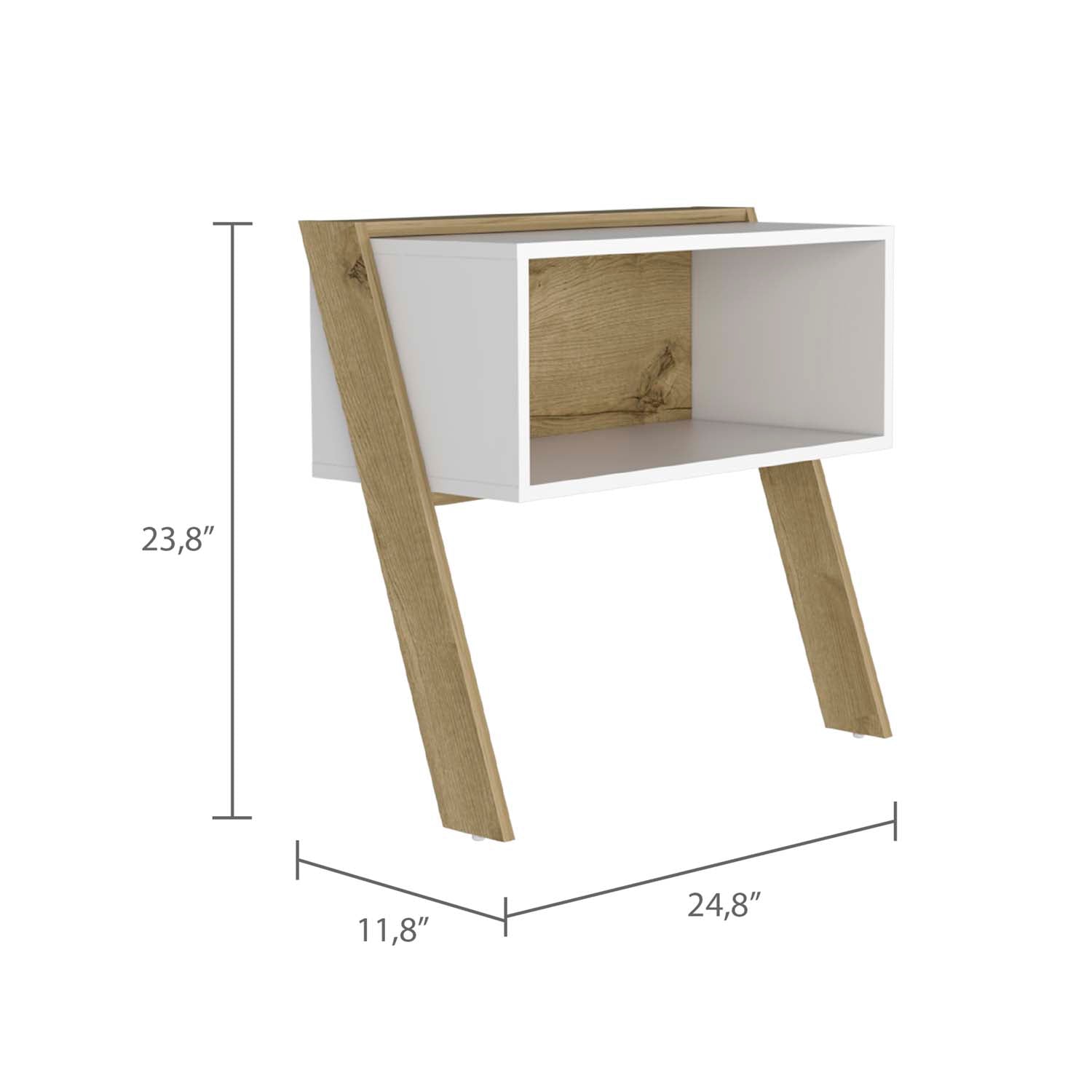 White and oak modern nightstand with angled wooden legs