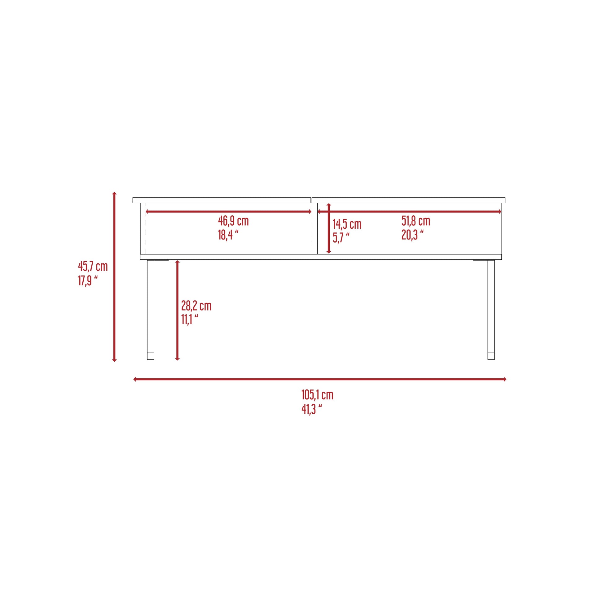 White minimalist desk diagram with dimensions  Measures cm L x cm H