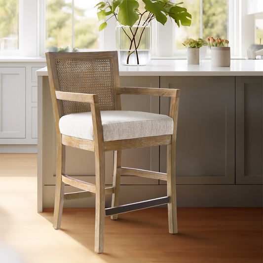 TREATLIFE HOME Counter Height Stool with Natural Caning and Upholstered Seat, Solid Wood Frame in Reclaimed Natural Finish