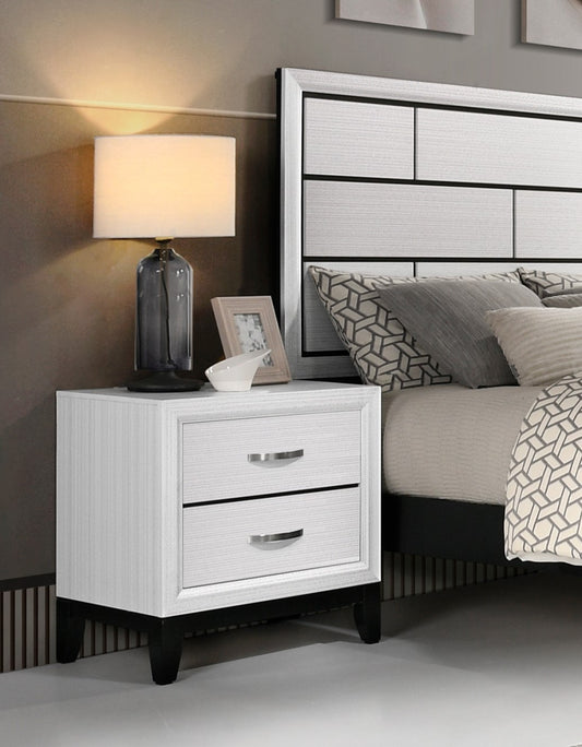 White twodrawer nightstand with silver handles and black tapered legs