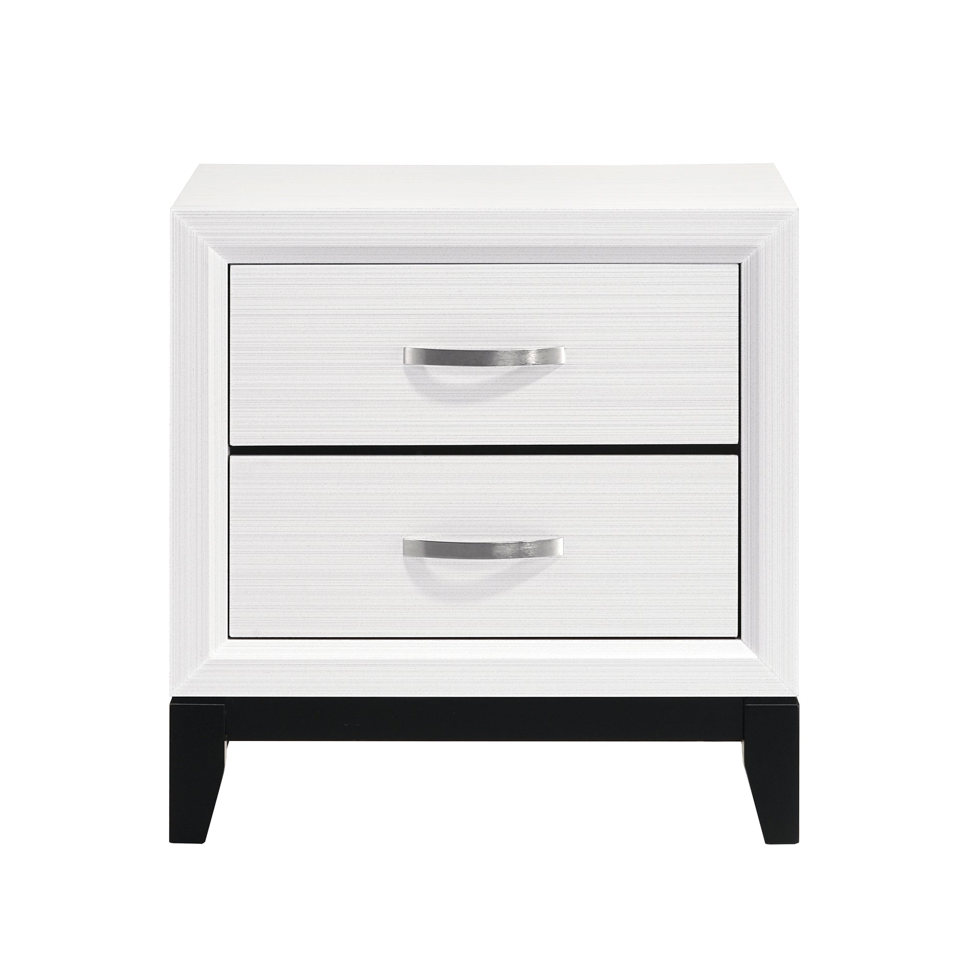 White twodrawer nightstand with silver pull handles and black legs