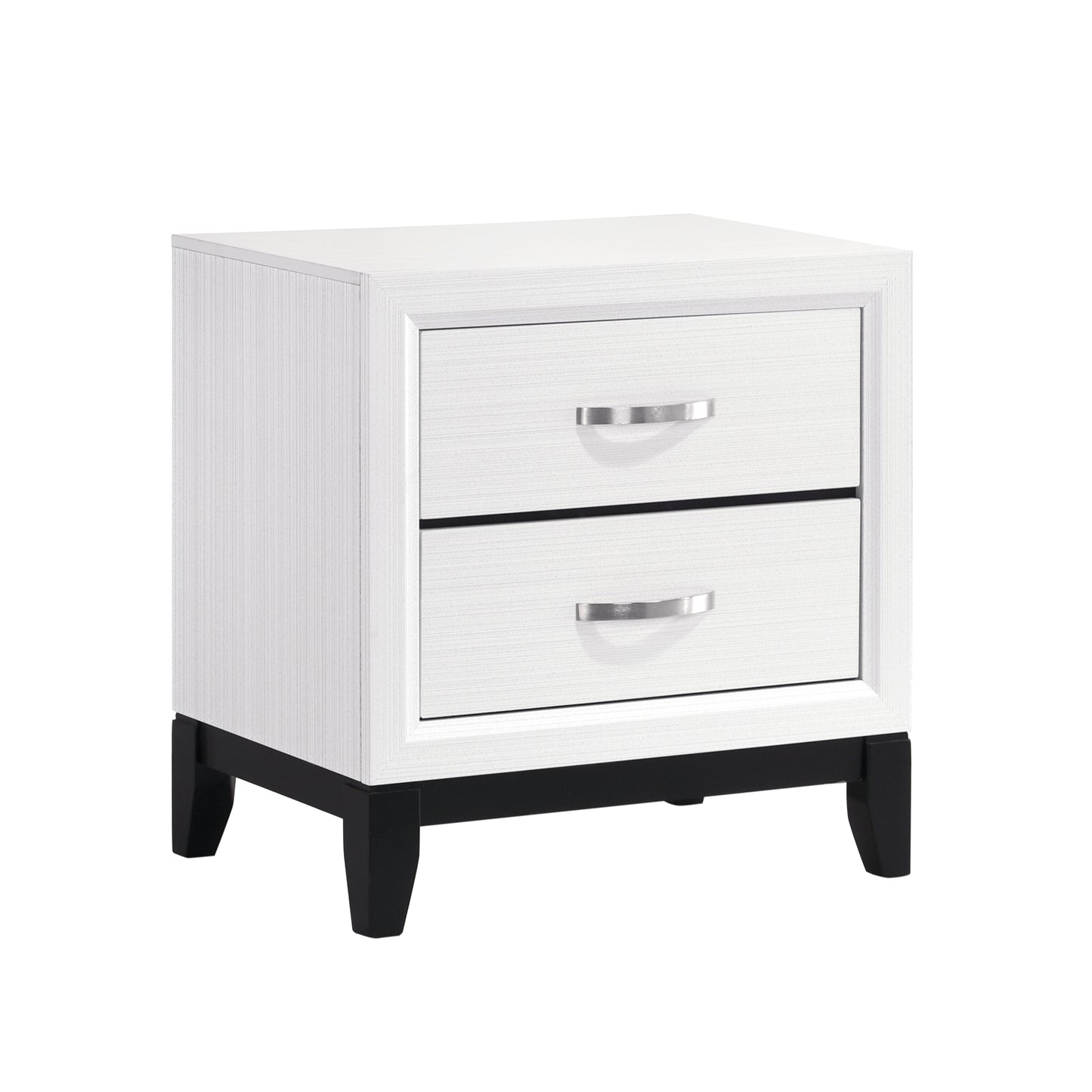 White twodrawer nightstand with silver pull handles and black legs