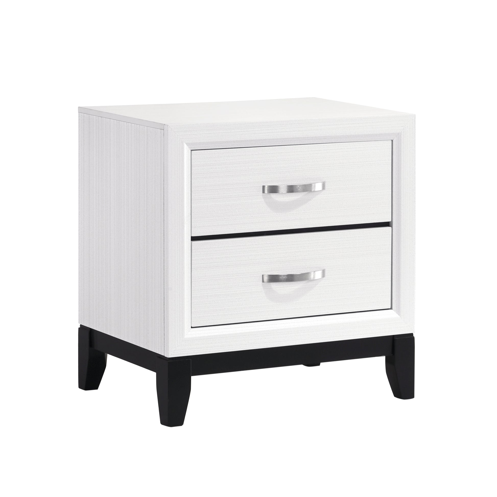 White twodrawer nightstand with silver pull handles and black legs
