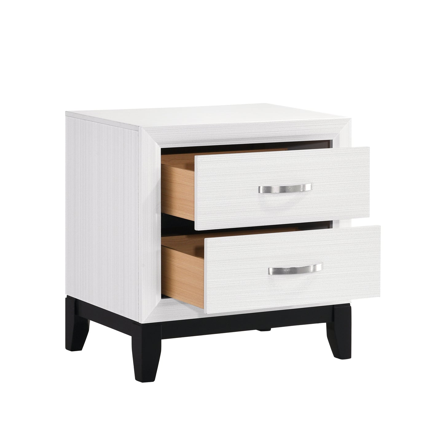 White textured twodrawer nightstand with silver handles and black legs