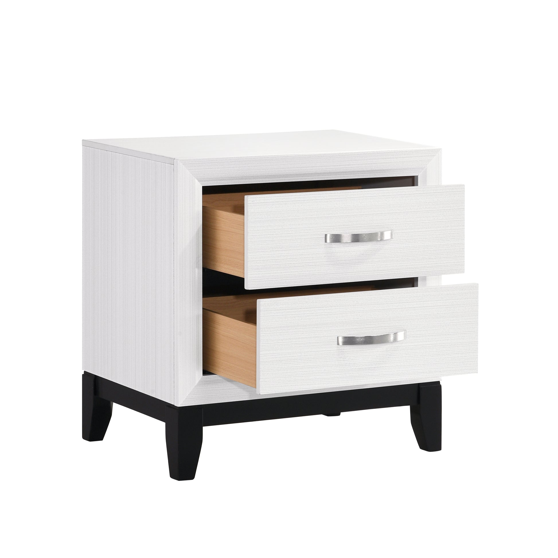 White textured twodrawer nightstand with silver handles and black legs