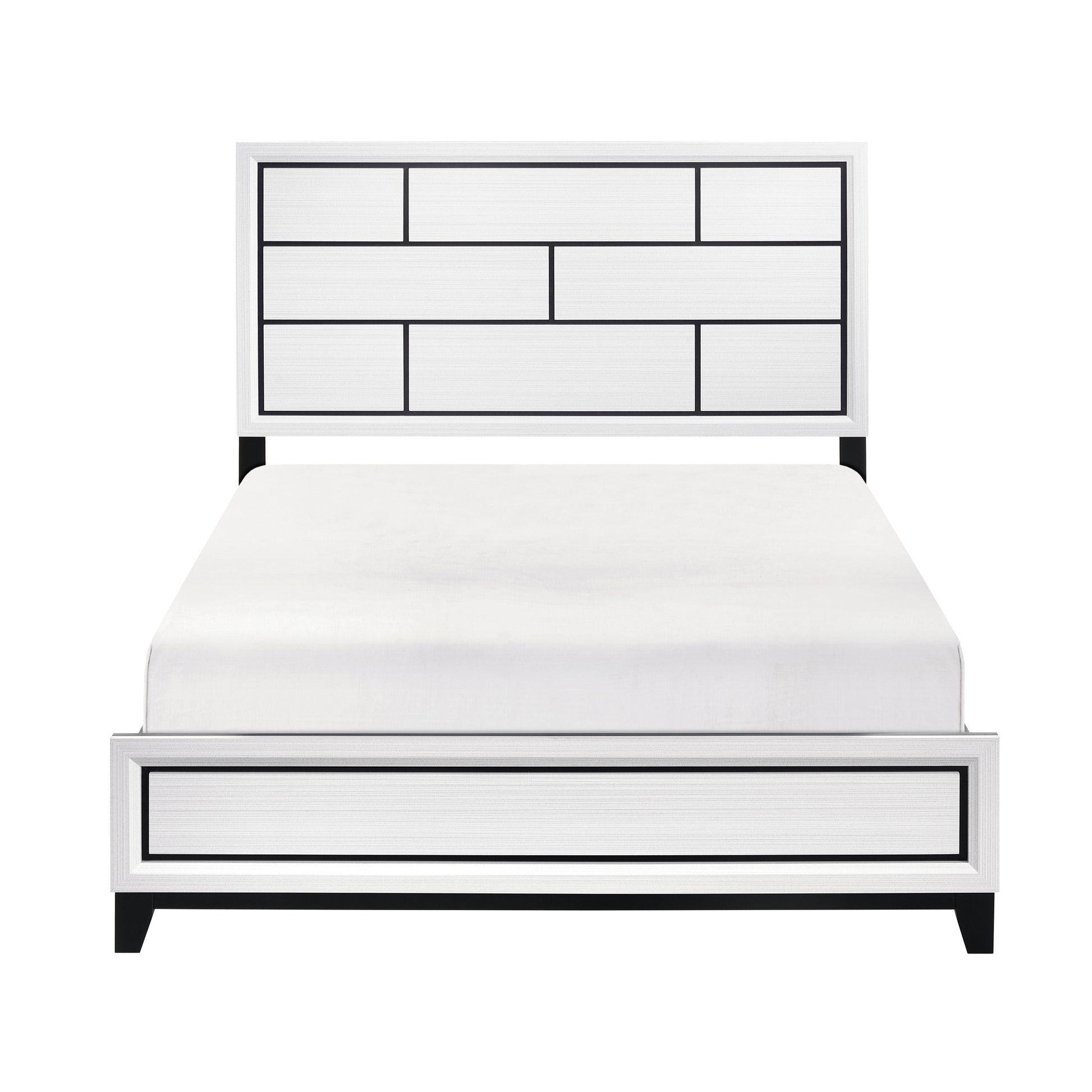 Modern white and black king bed frame with geometric headboard