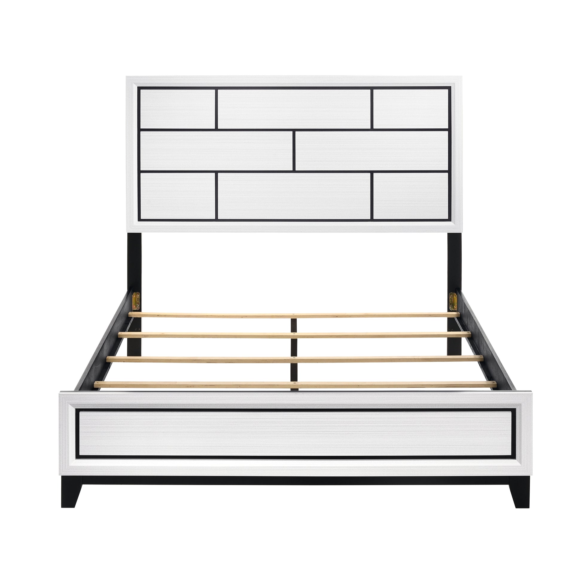 Modern white platform bed frame with black accents and wood slats