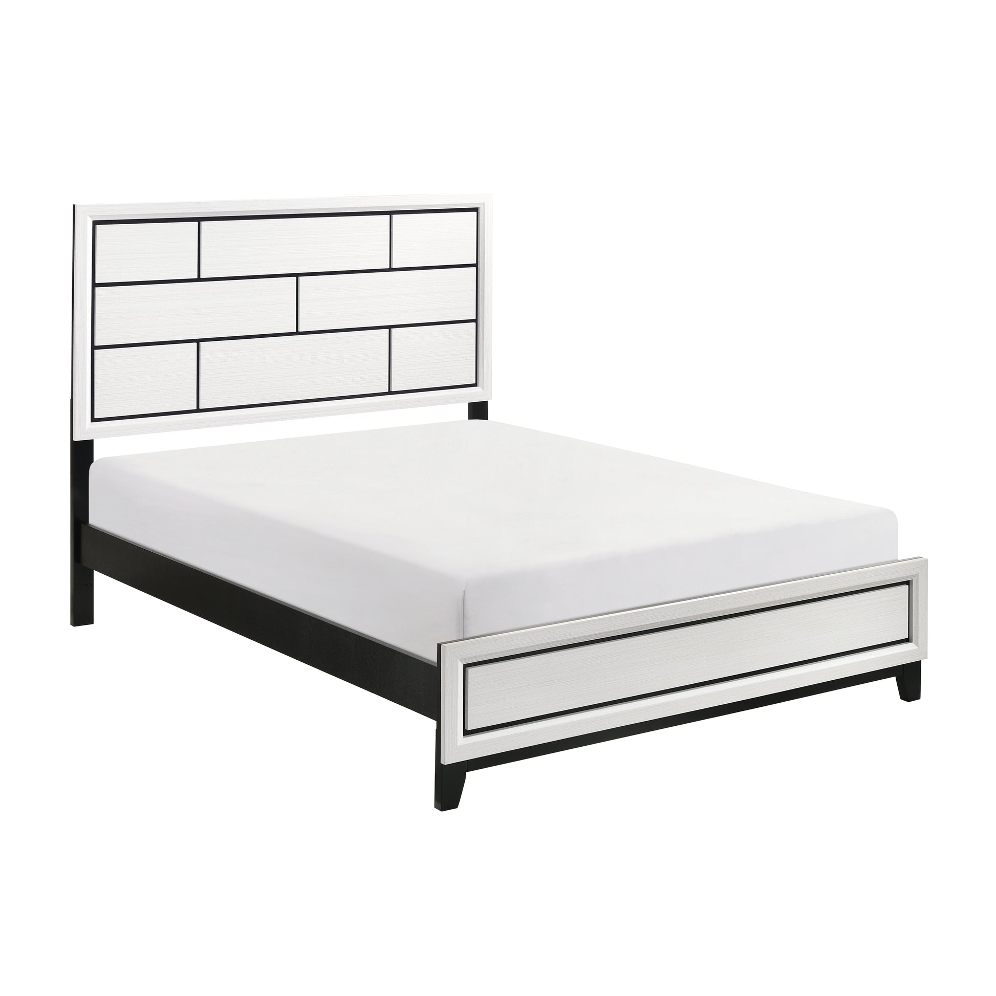 Modern white and black upholstered bed frame with geometric headboard and footboard