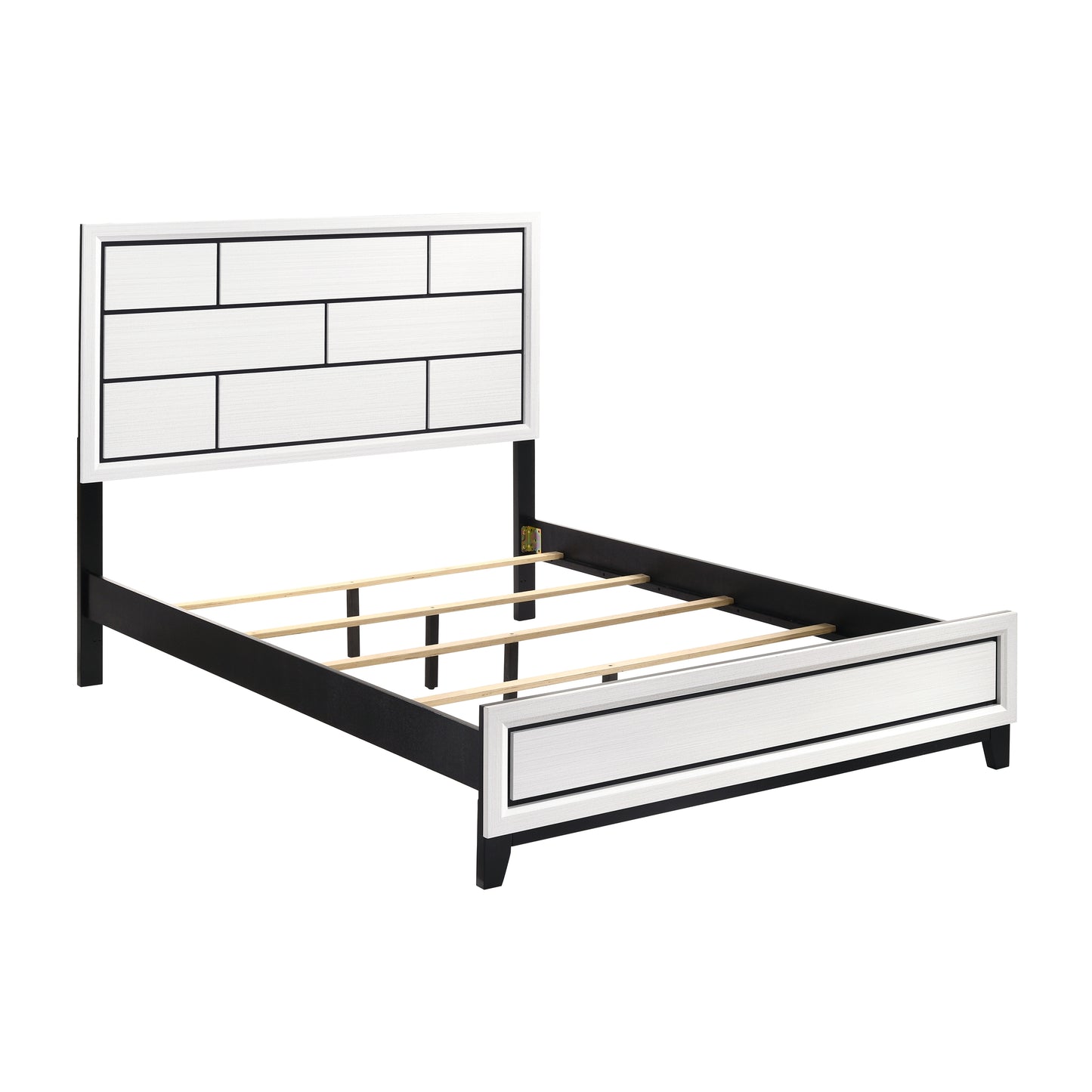 Modern black and white wood panel bed frame with black legs