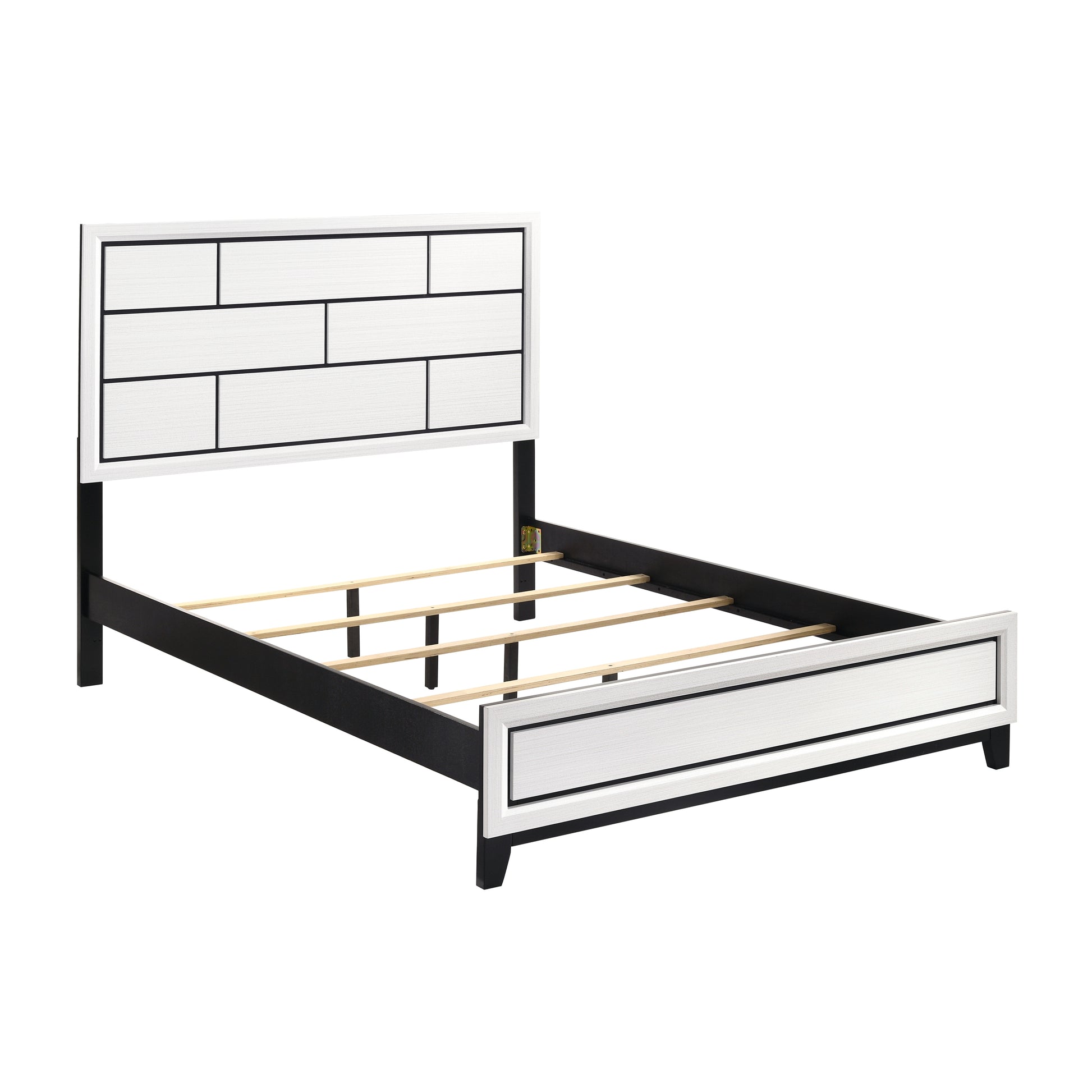 Modern black and white wood panel bed frame with black legs