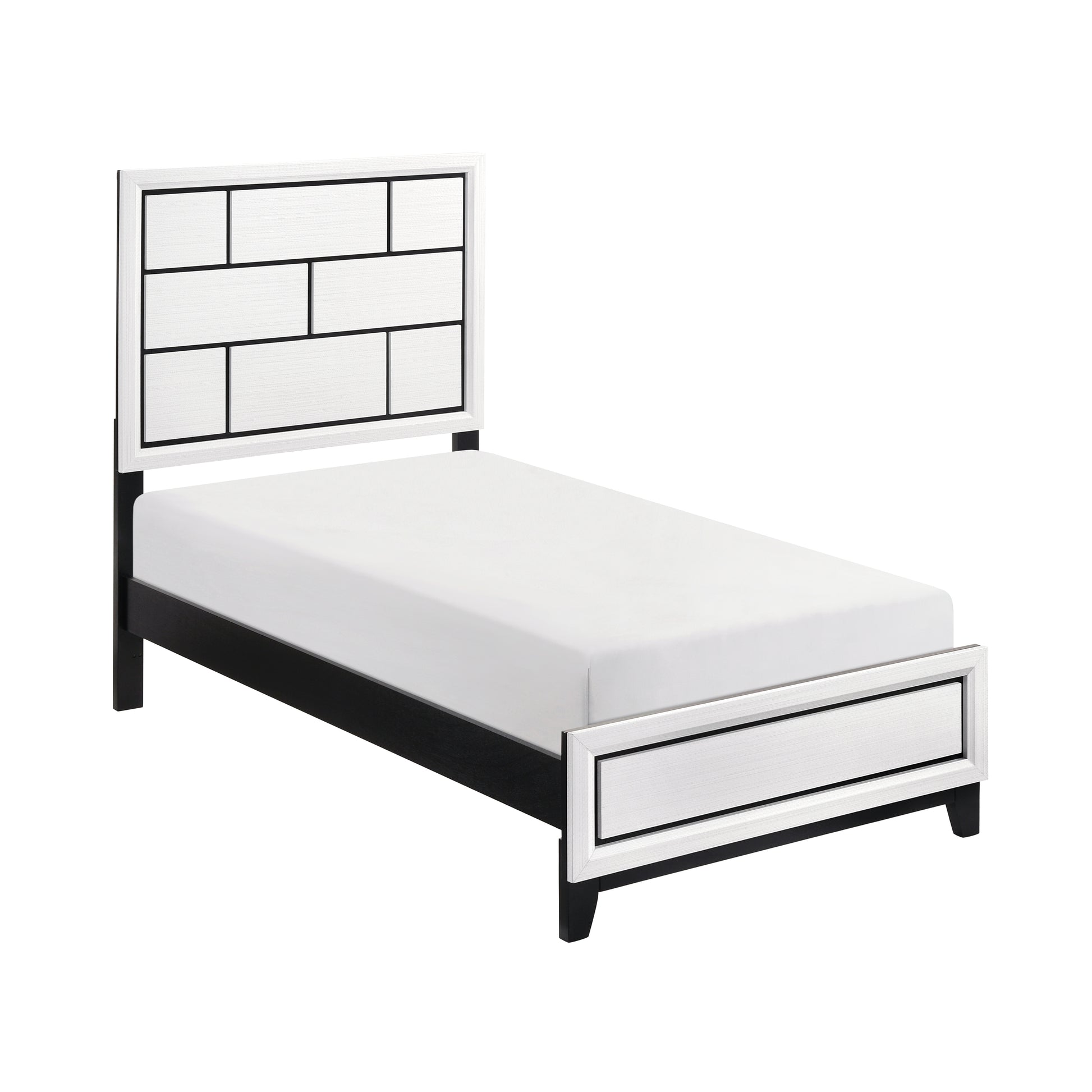 Modern twin bed frame with white paneled headboard and black frame
