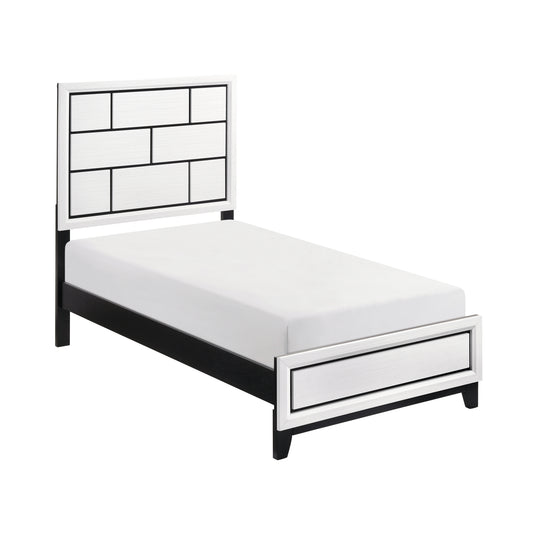 Modern twin bed frame with white paneled headboard and black frame