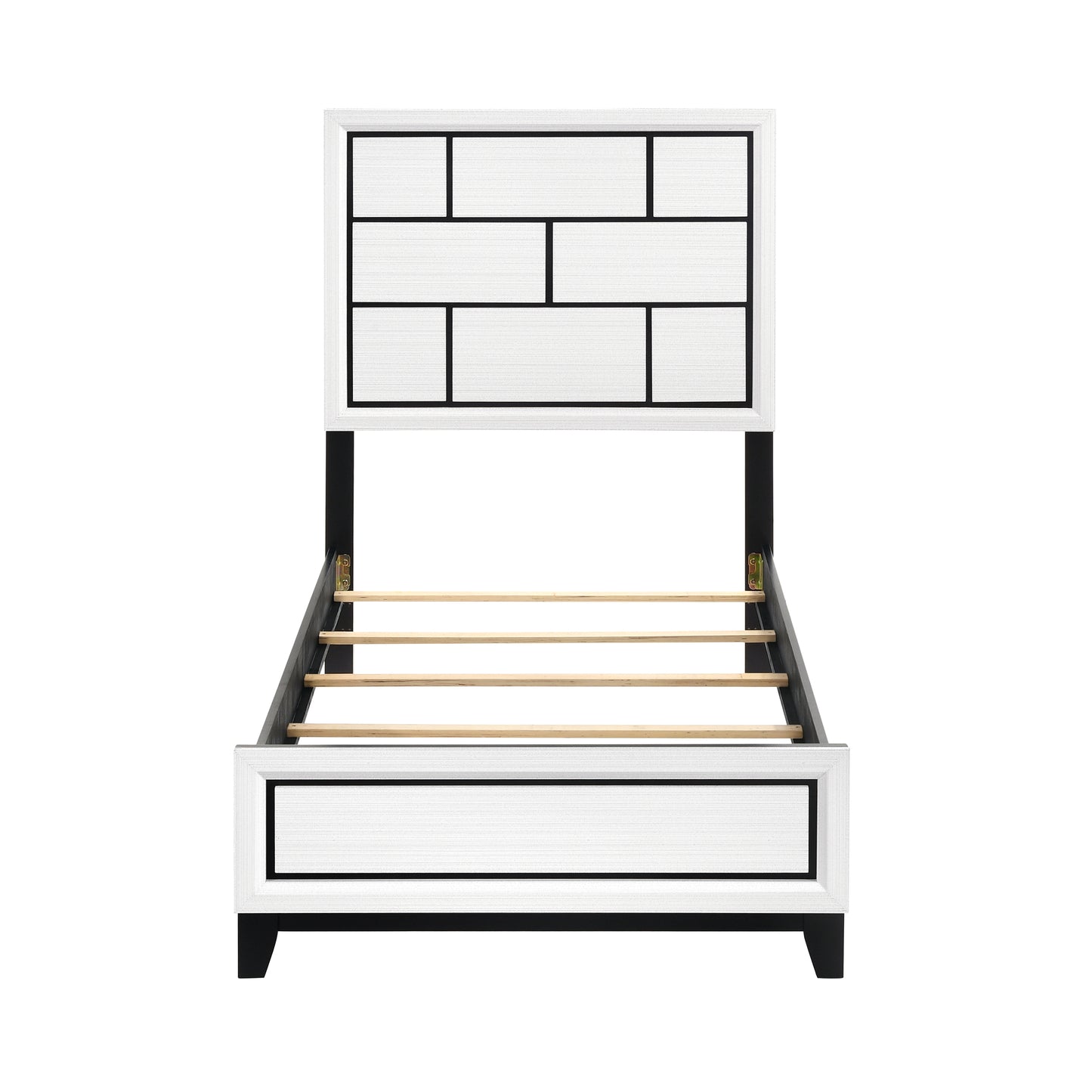 Modern white and black twin bed frame with geometric headboard design