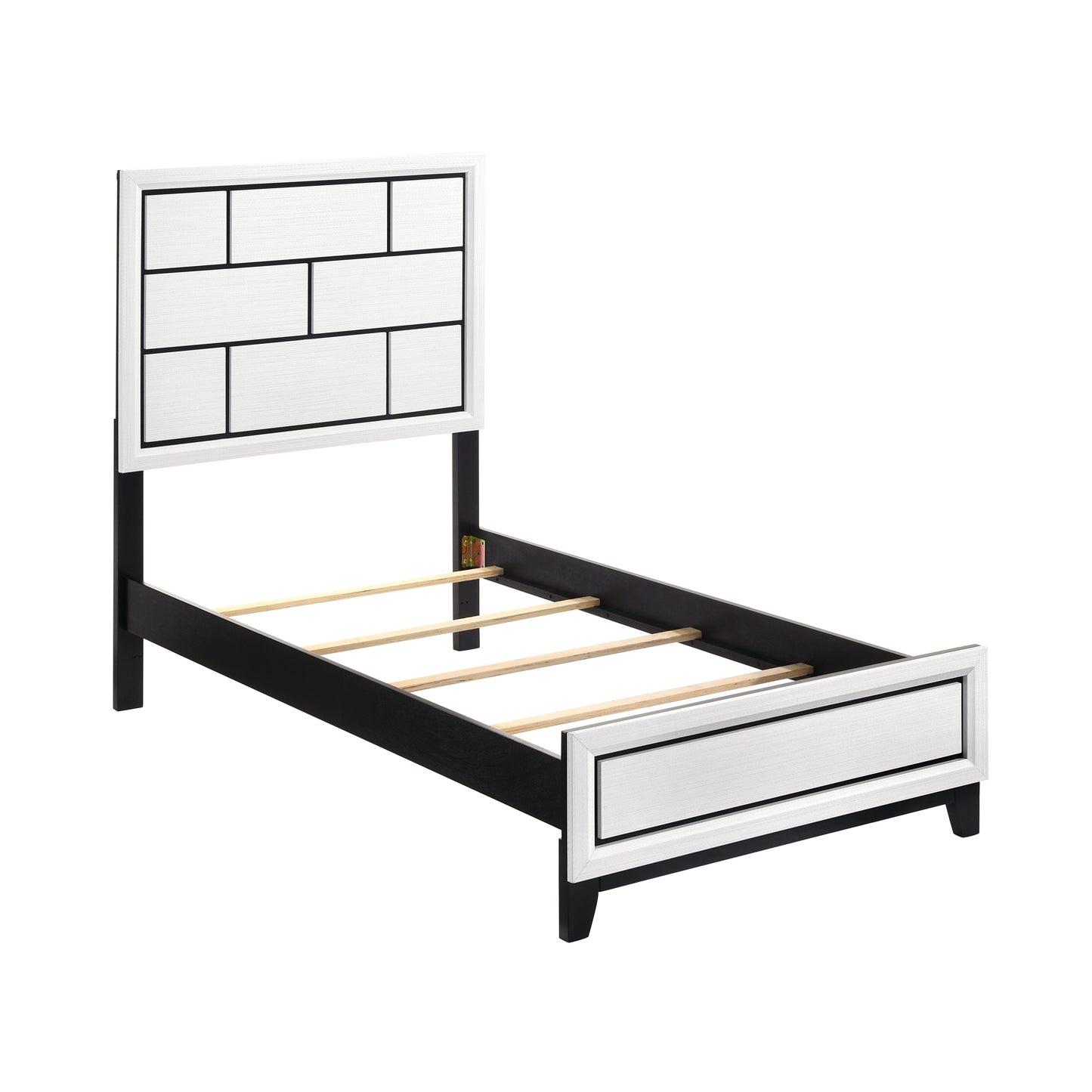 Twin size bed frame with modern black and white geometric headboard