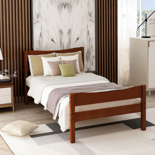 Solid wood bed frame in rich cherry finish with simple slatted headboard for modern bedrooms