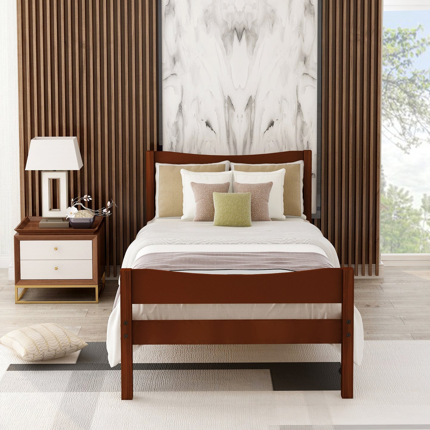 Classic mahogany wood bed frame with upholstered headboard