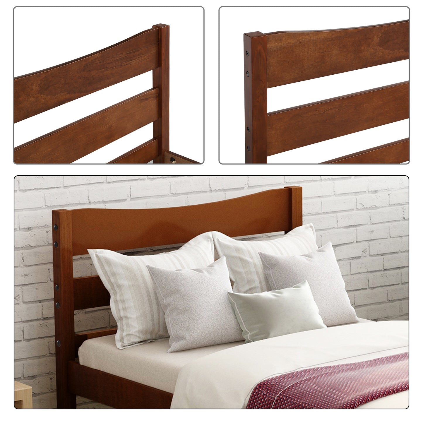 Dark wood twin bed frame with slatted headboard
