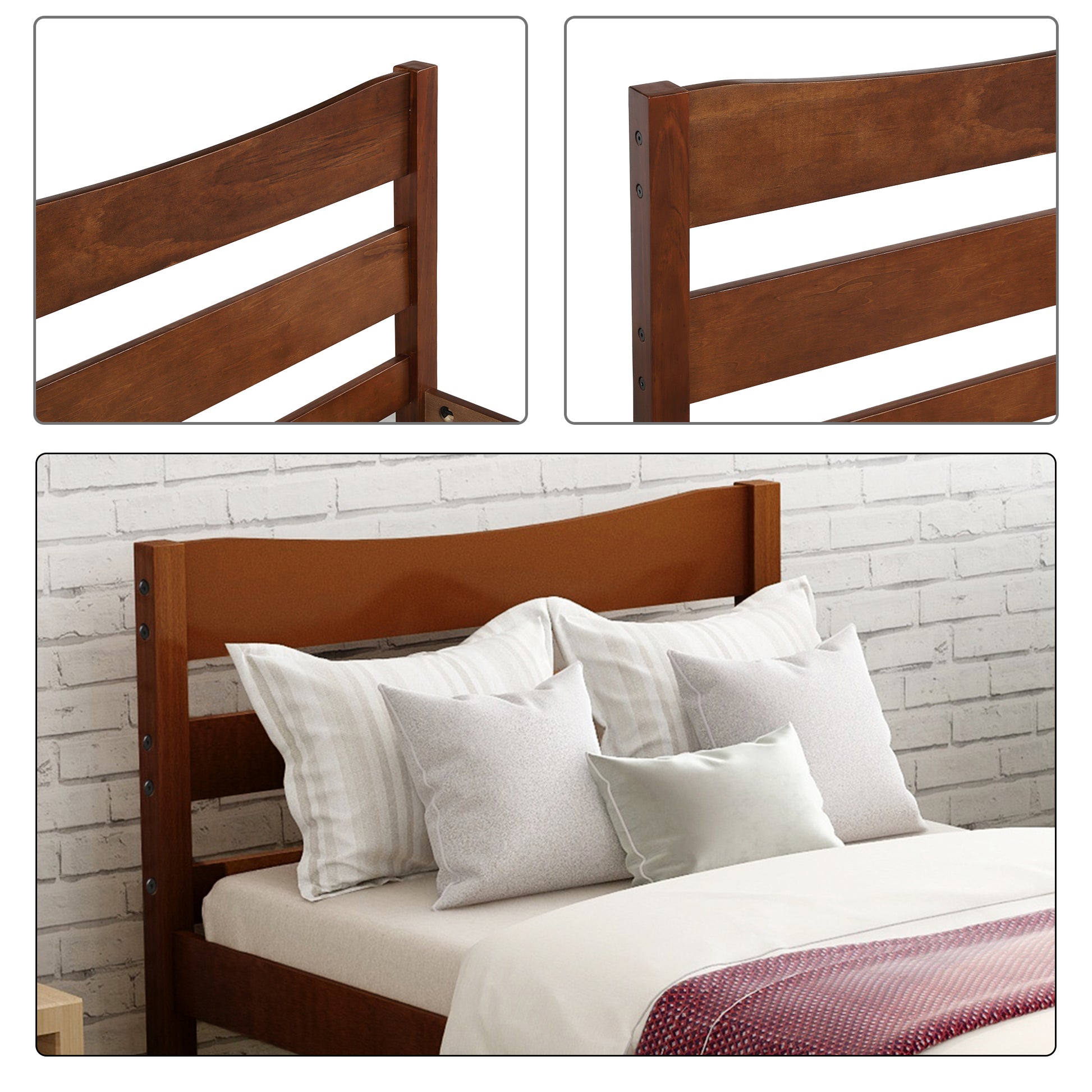 Dark wood twin bed frame with slatted headboard