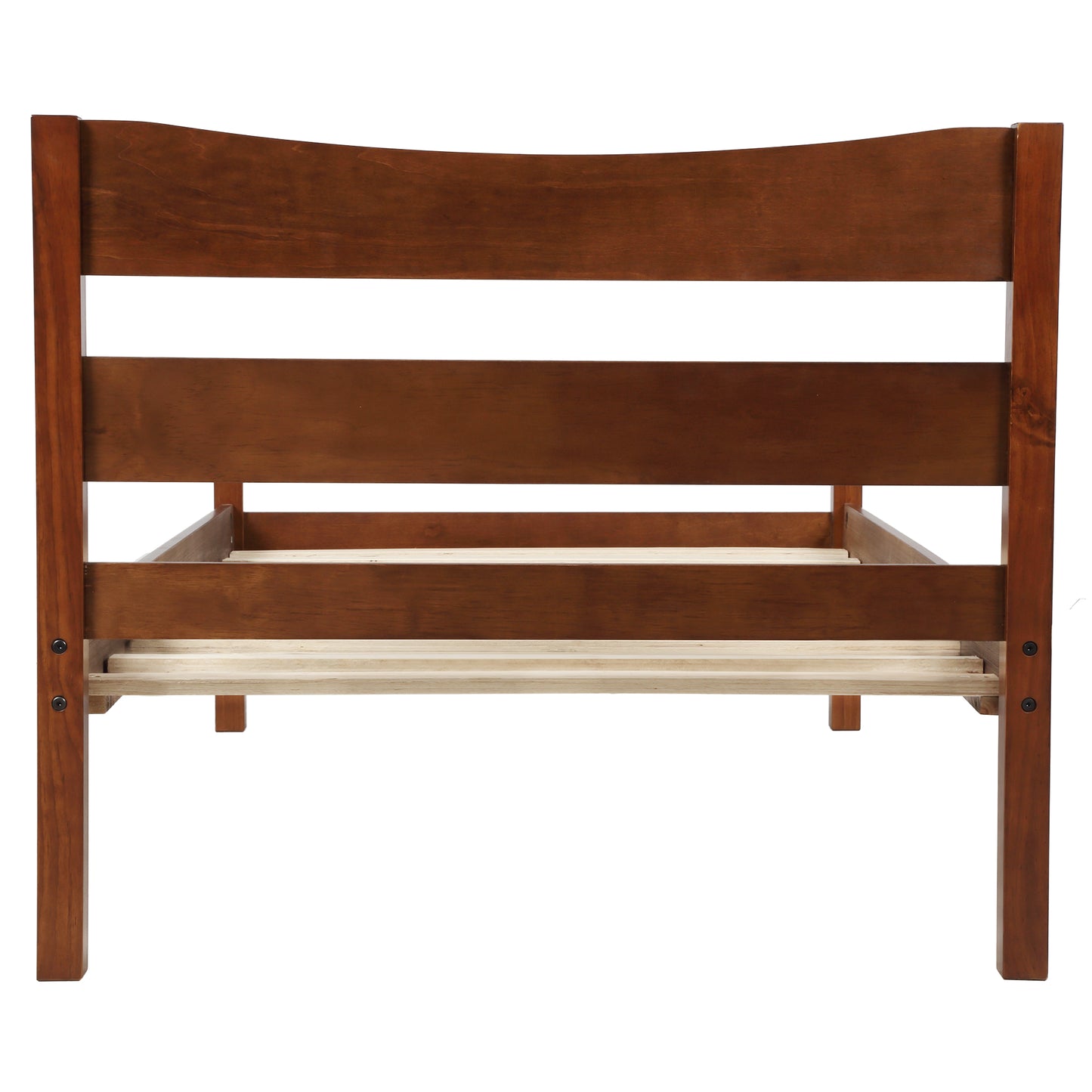 Solid wood twin bed frame in a rich cherry finish featuring a slatted headboard and footboard for a modern look