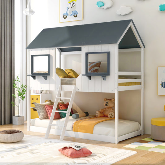 White and gray wooden house bunk bed with ladder