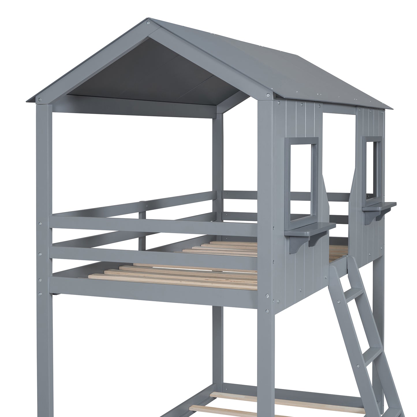 Gray wooden loft bed with houseshaped roof