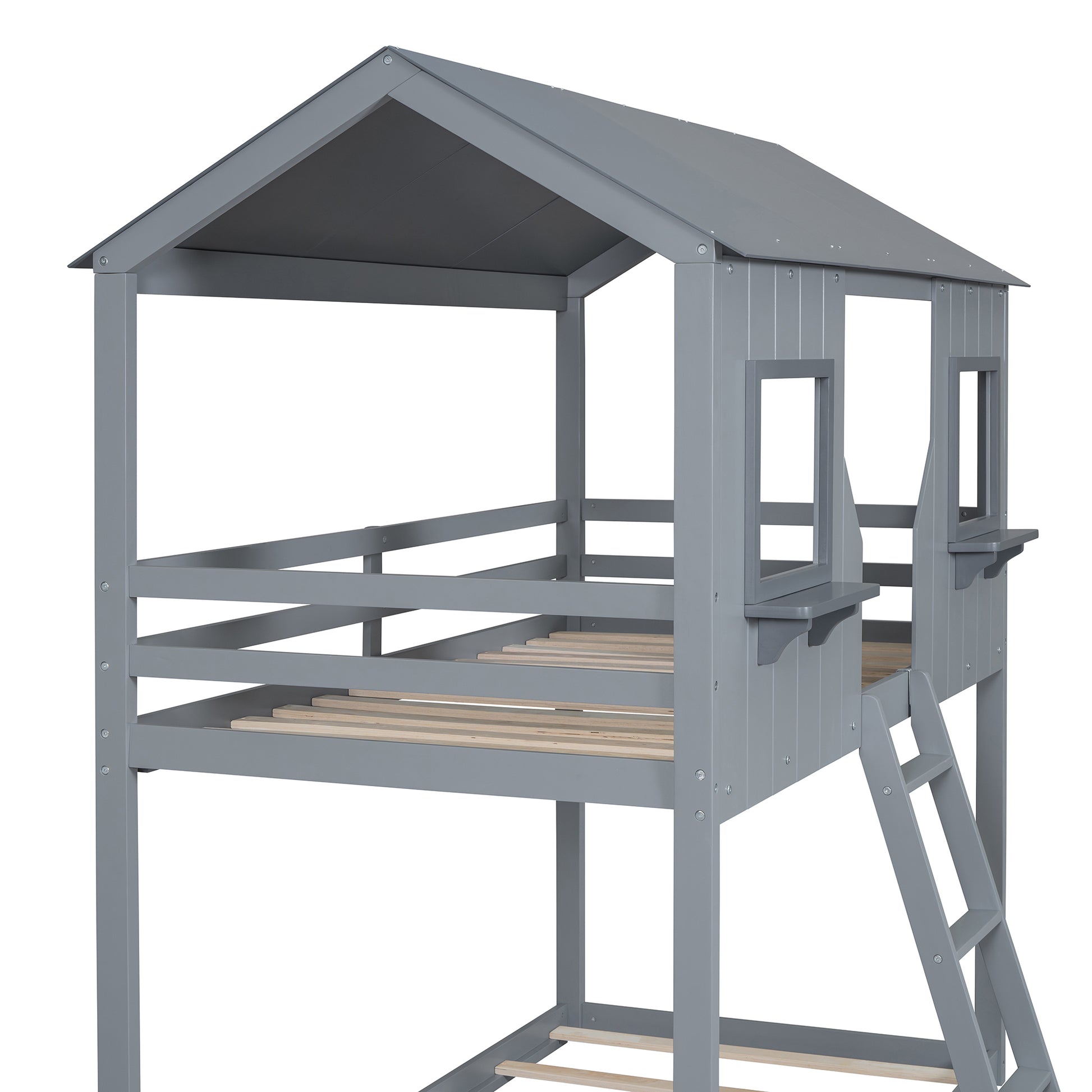 Gray wooden loft bed with houseshaped roof