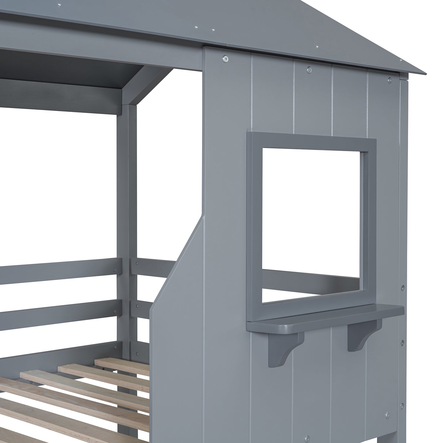 Gray wooden house bed frame detail