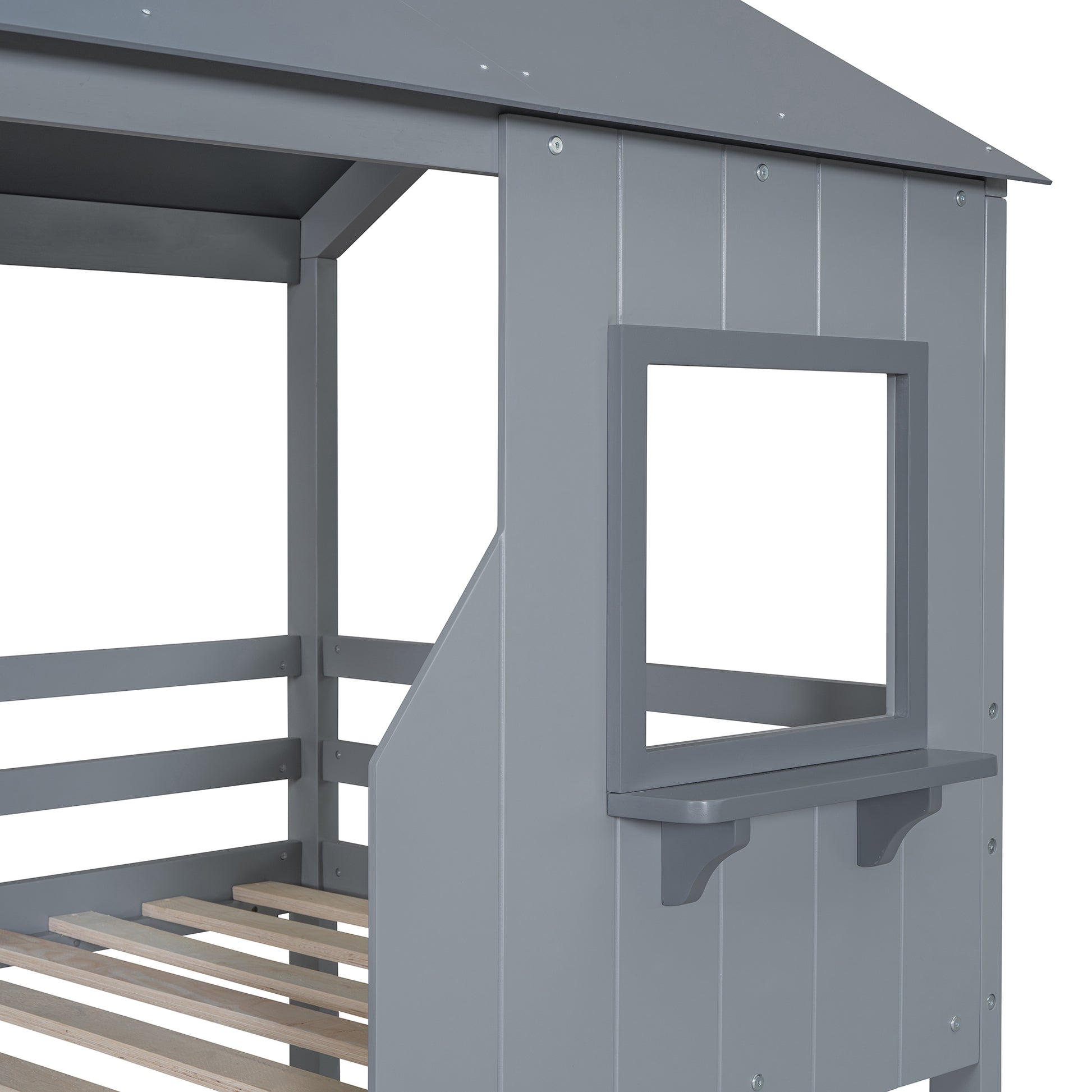 Gray wooden house bed frame detail