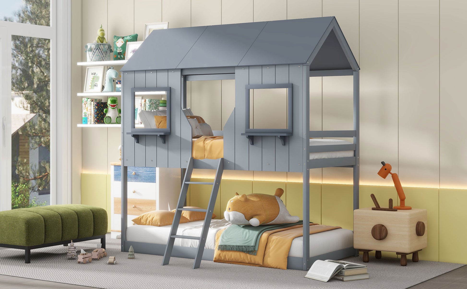 Gray wooden house bunk bed with yellow bedding
