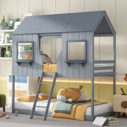 Gray wooden twin over twin house bunk bed with ladder and bedding