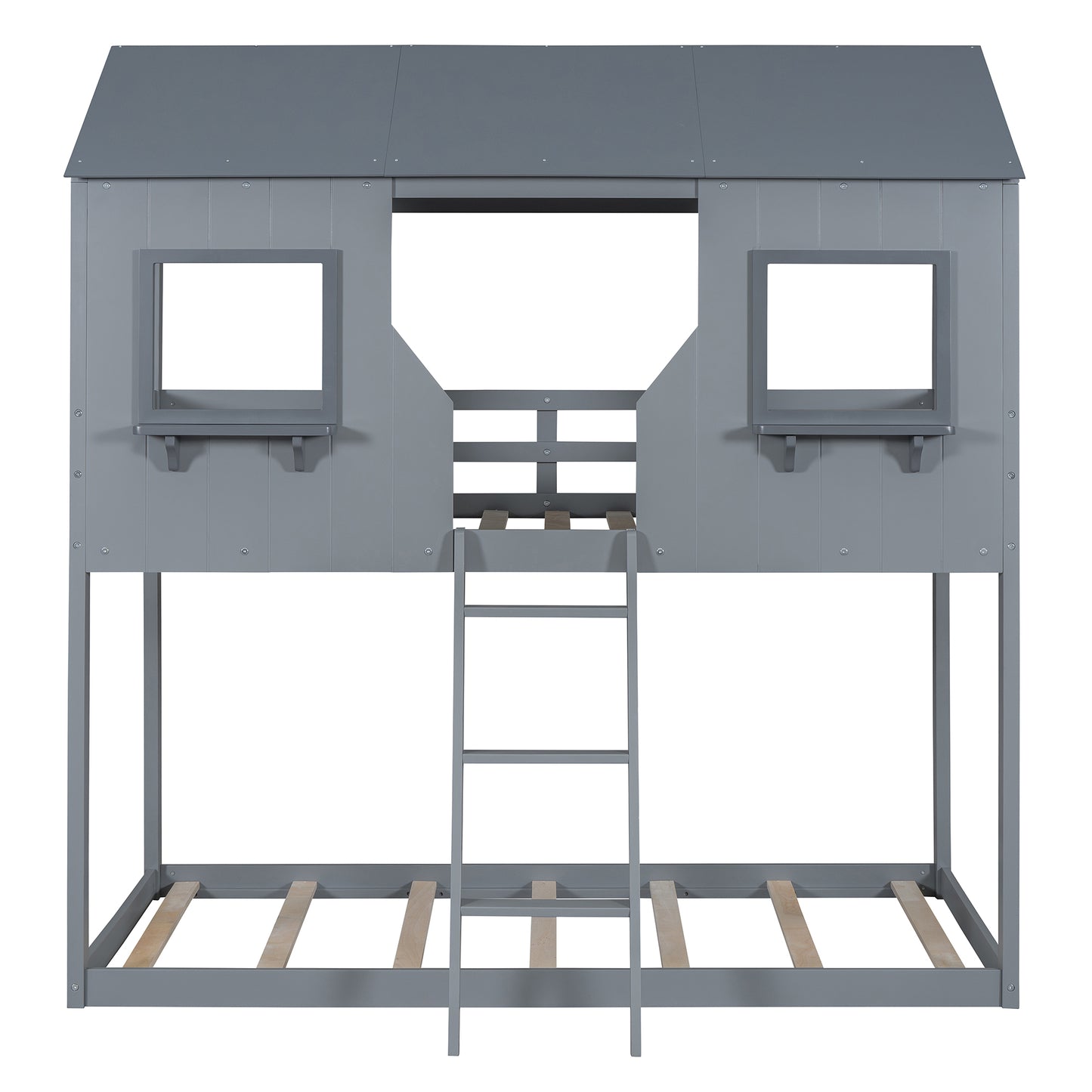 Gray wooden twin over twin bunk bed with playhouse top and ladder