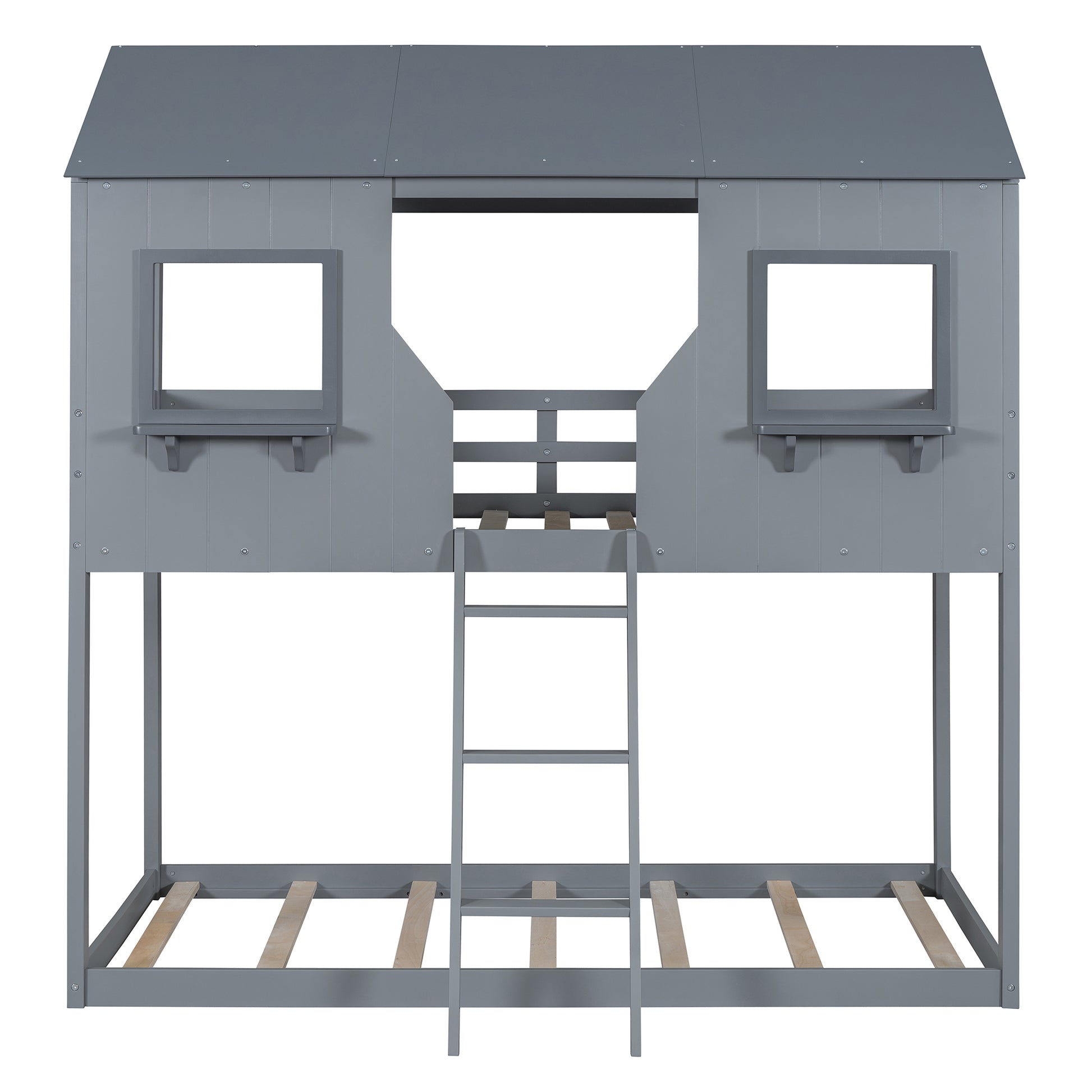Gray wooden twin over twin bunk bed with playhouse top and ladder