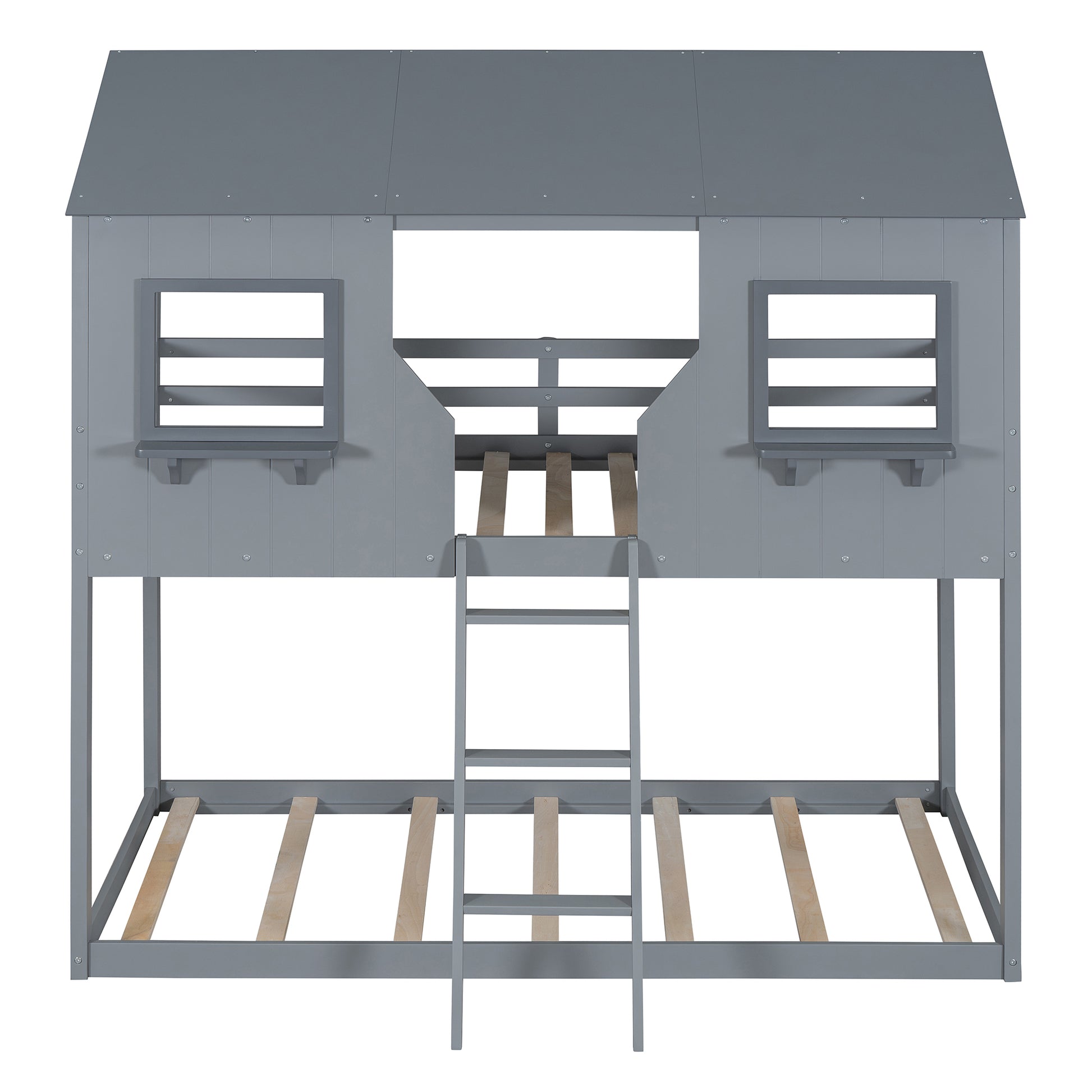 Gray wooden twin bunk bed with houseshaped frame and ladder