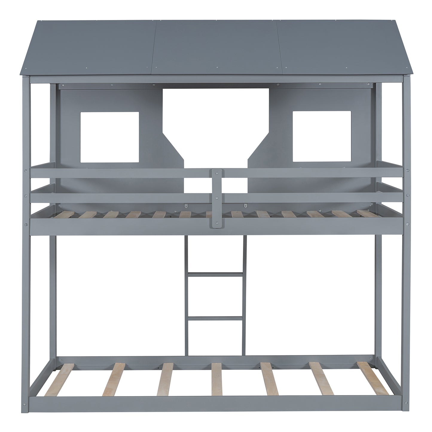 Gray wooden bunk bed with houseshaped roof and ladder