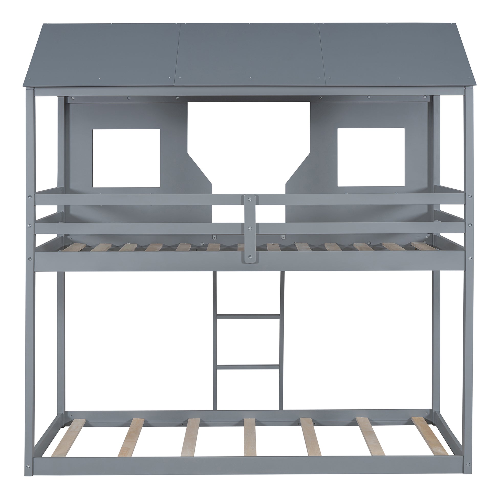 Gray wooden bunk bed with houseshaped roof and ladder