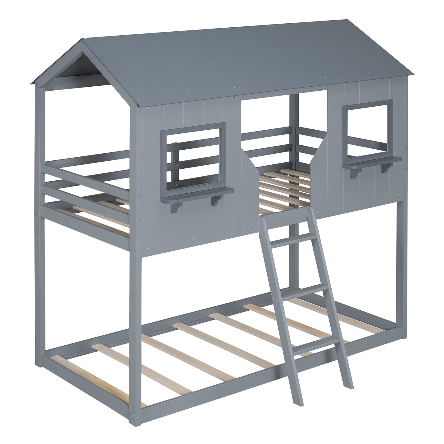 Gray wooden bunk bed with houseshaped top and ladder for kids