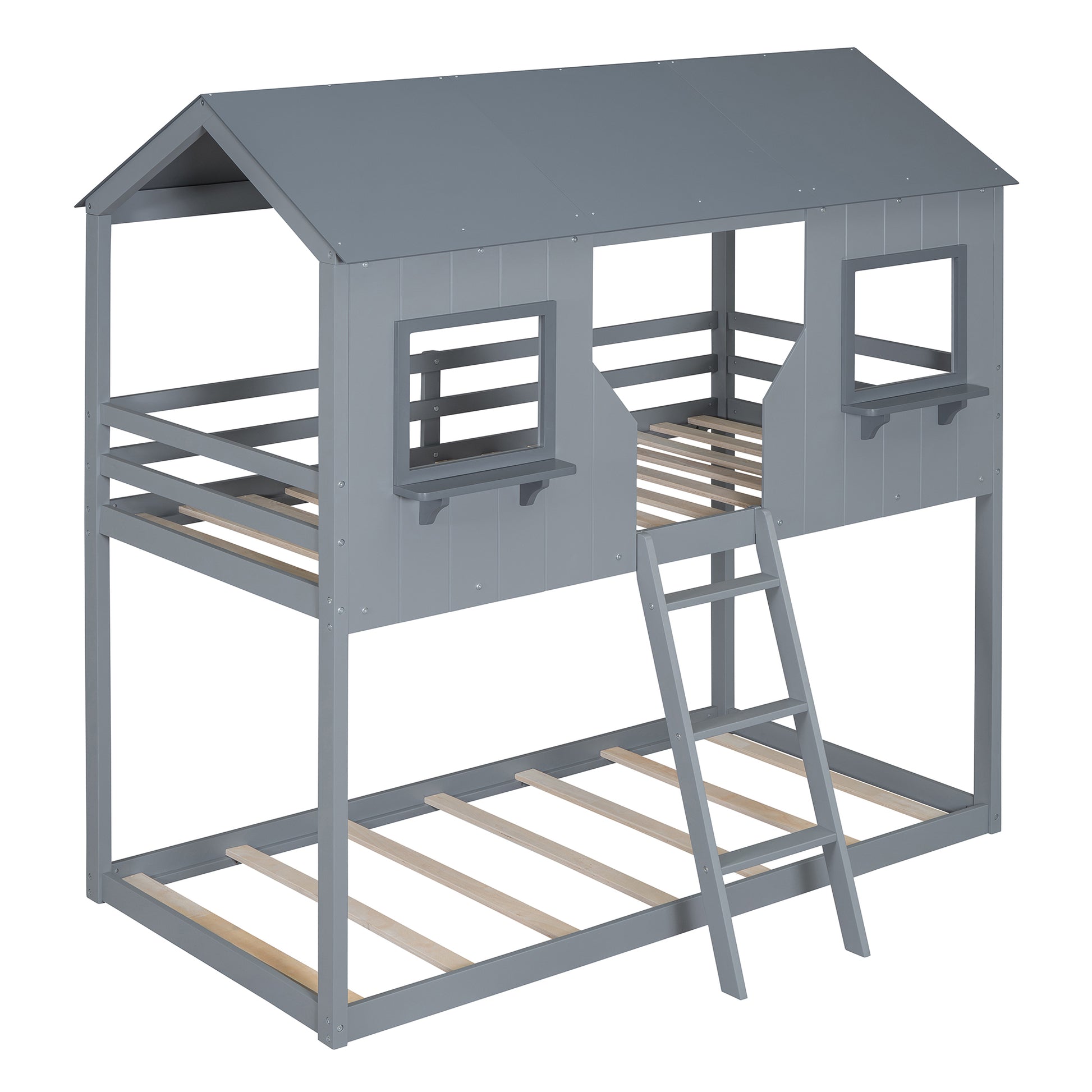 Gray wooden bunk bed with houseshaped top and ladder for kids