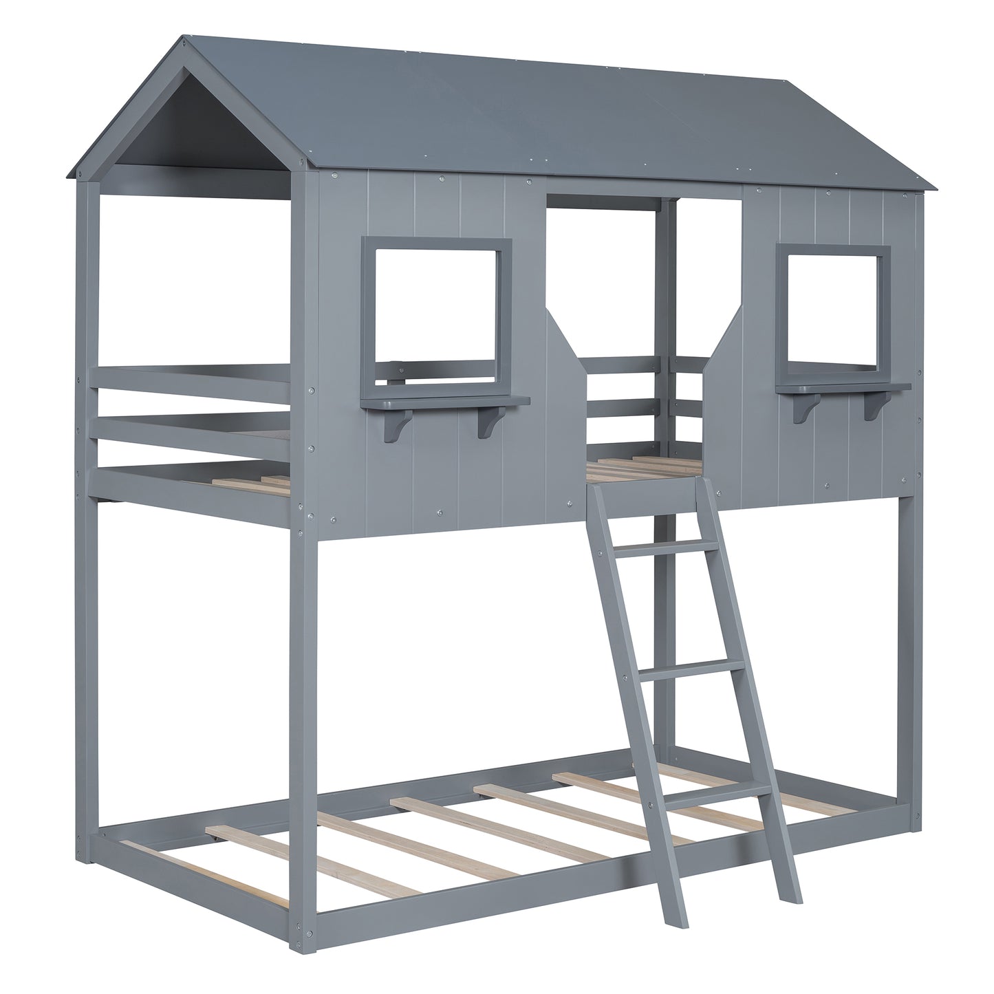 Grey wooden twin bunk bed with houseshaped top and ladder