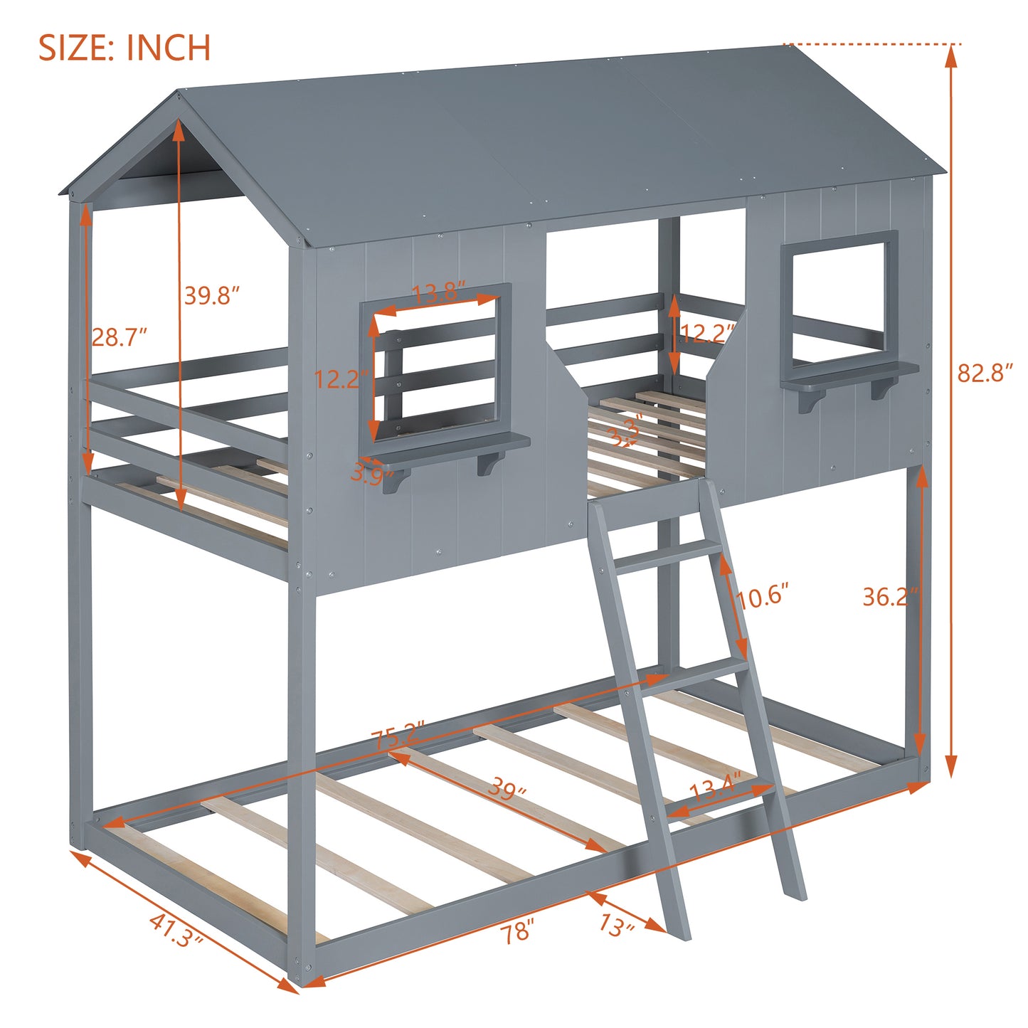 Grey wooden house bunk bed with ladder and safety rails
